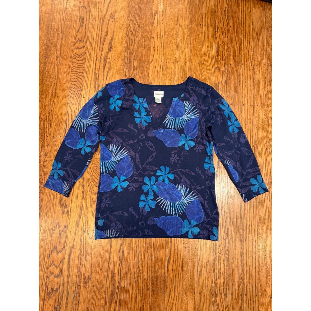 Chicos Silk Blend Floral Knit Top Navy Blue Tropical V-Neck 3/4 Sleeve Size 0 S